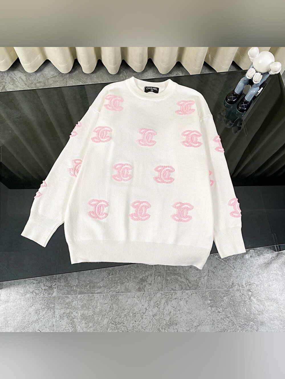CHANEL White Crewneck Sweater with Pink CC Motifs
